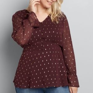 Foil-Dot Button-Front Peplum Top